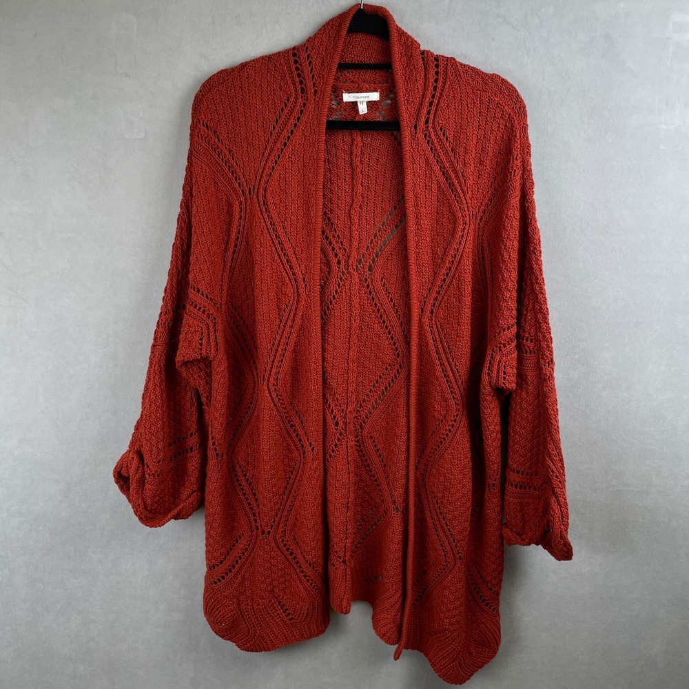 Maurices Rust Orange Diamond Pointelle Open Front Cardigan Boho Rustic Sweater L